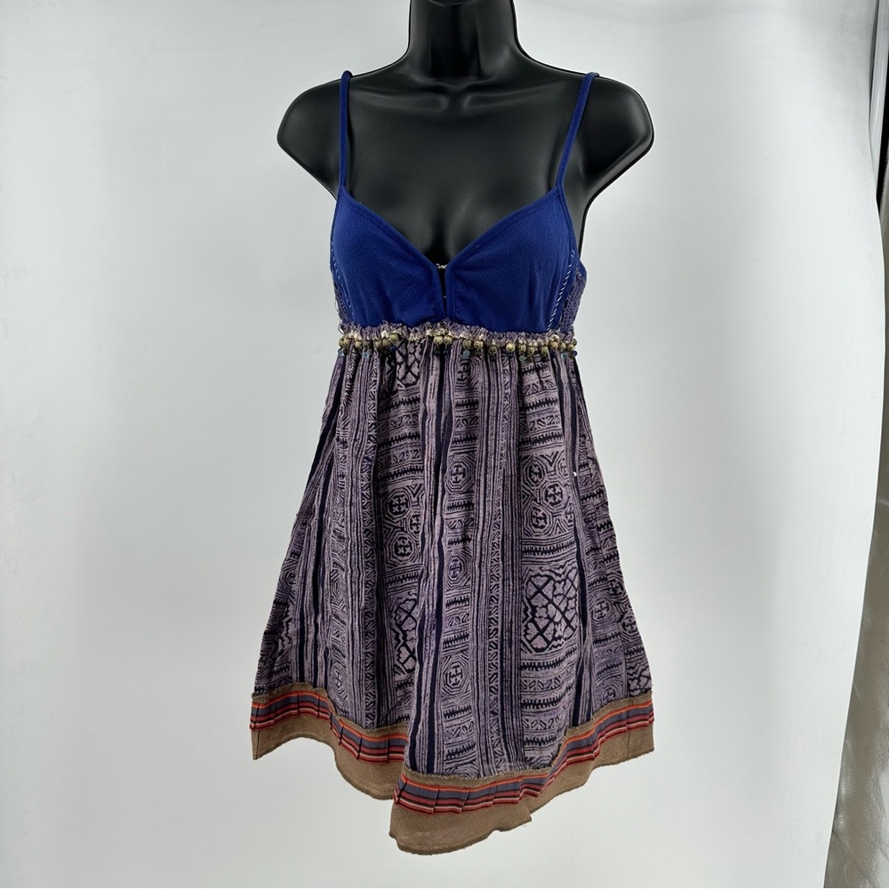 Free People Geo Tribal Print Beaded Peasant Tank Dress Blue Purple